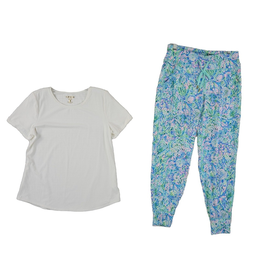 Lilly Pulitzer Luxletic Top Joggers Pants Set Women's Size Medium White Blue